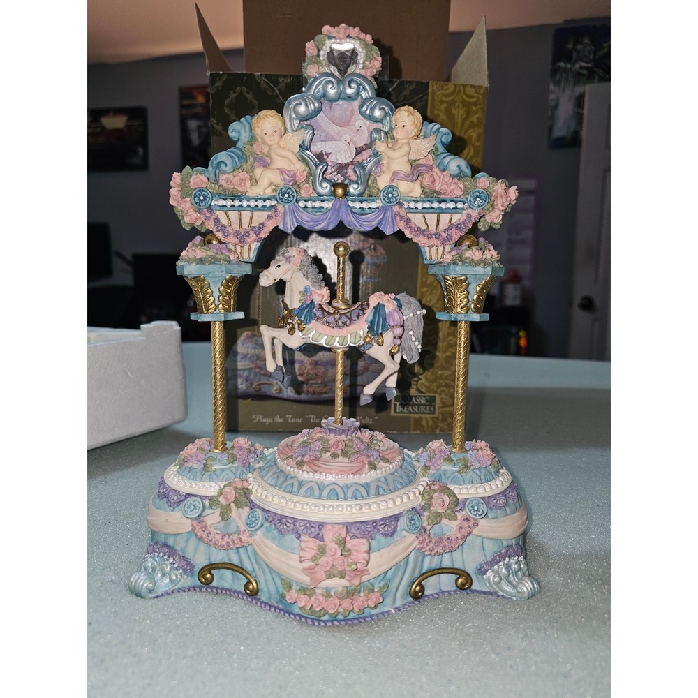 Classic Treasures Musical Carousel Motion Horse The Carousel Waltz Cherubs Pink